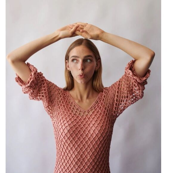 Ayni Pink Coral Crochet Knit Long Sleeve Maxi Dress Resort Swims Cover Up NWOT - Picture 3 of 13